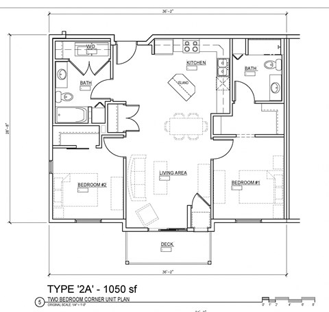 Floor plan for 2 beds, 2 baths, 1050 sqft
